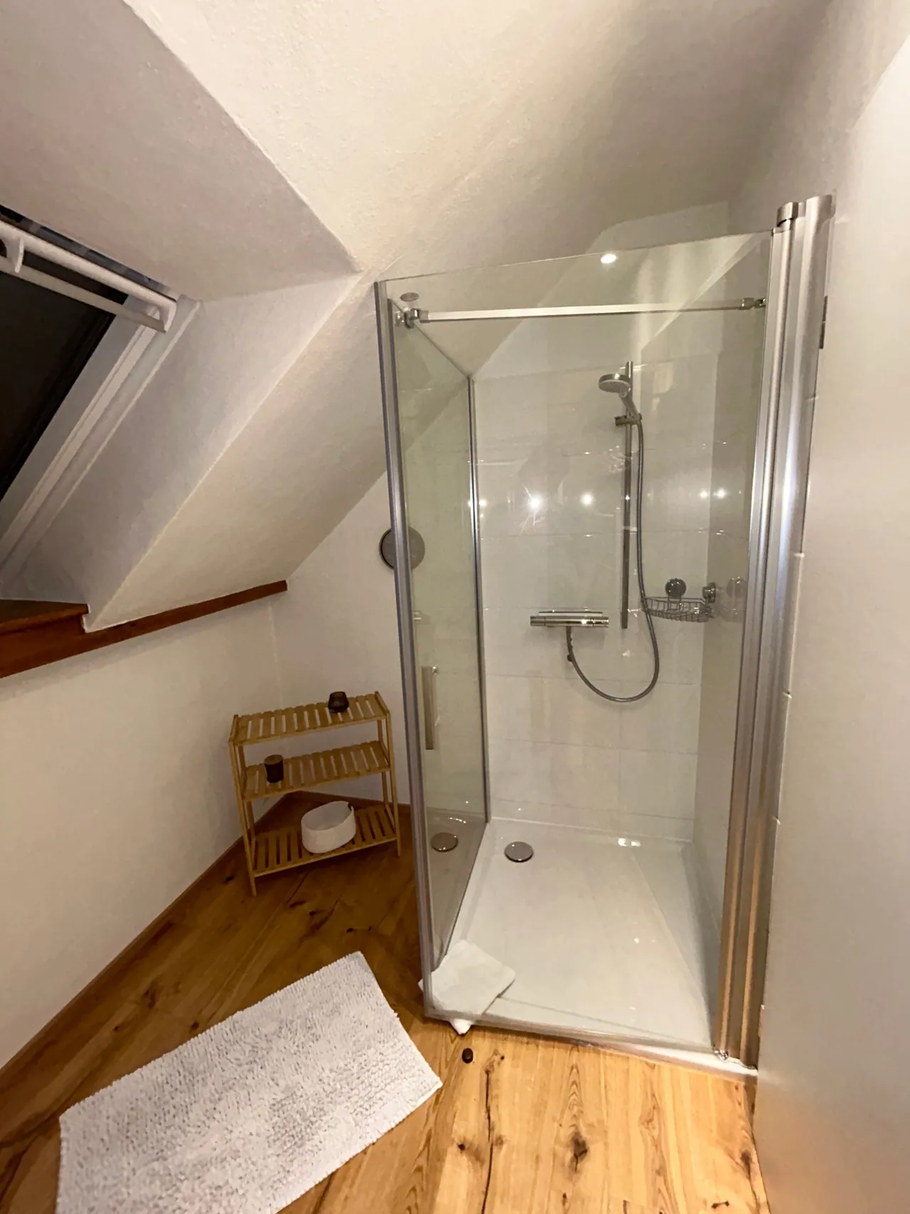 Ferienwohnung III: geräumige Dusche mit Glastür und Dachfenster daneben